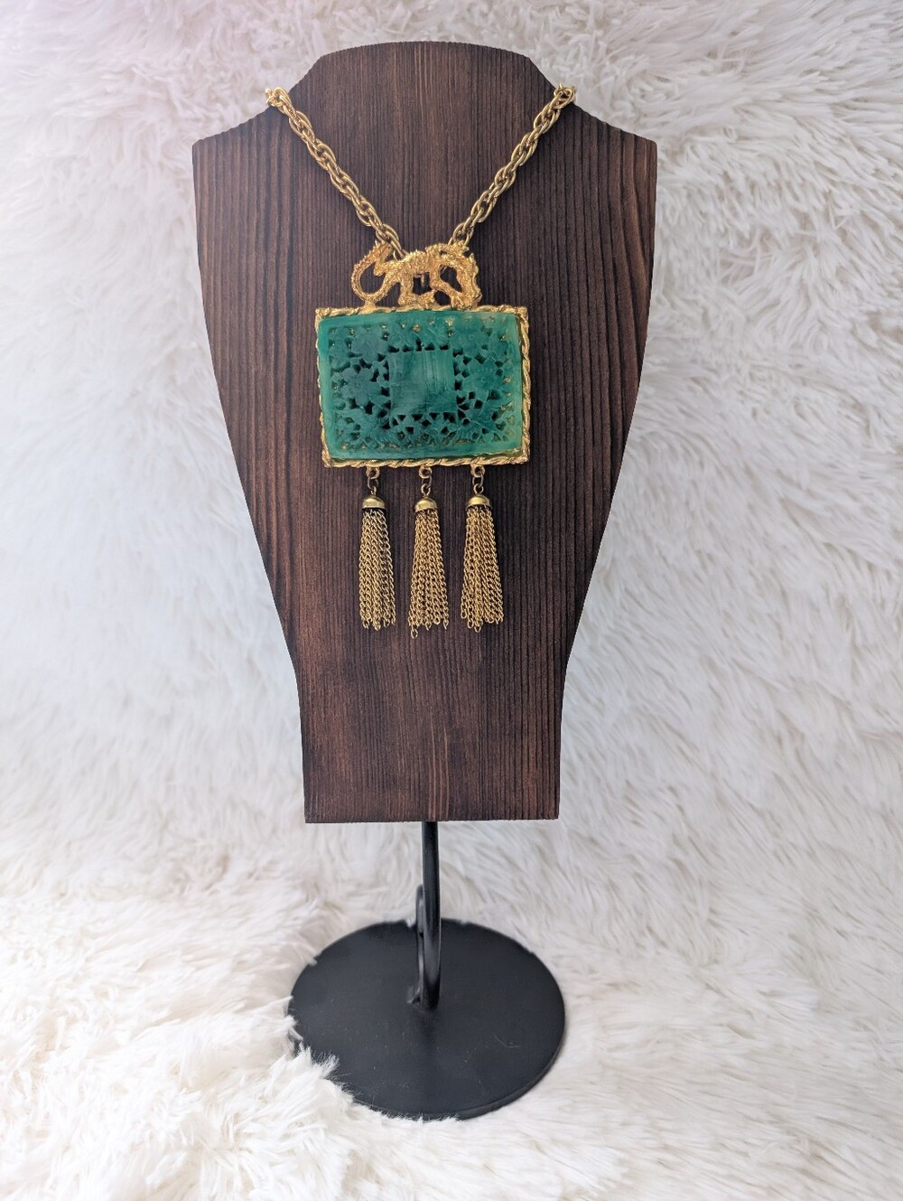 Vintage 1960s Signed Hattie Carnegie Dragon & Faux Jade Tassel Necklace Brooch
